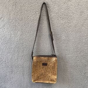 Relic by Fossil Embossed Leather Handbag Crossbody Bag Brown Paisley Floral